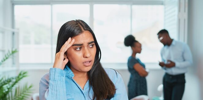 Young woman looks upset as her co-workers talk behind her back in the corner of the office in a toxic work culture.