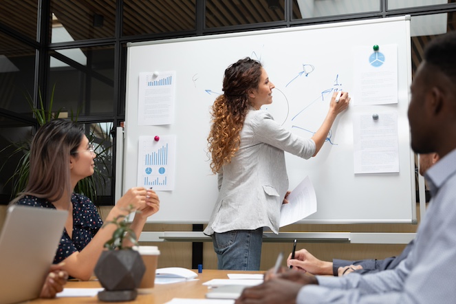 Businesswomen on whiteboard demonstrating strategy to the rest of her team.