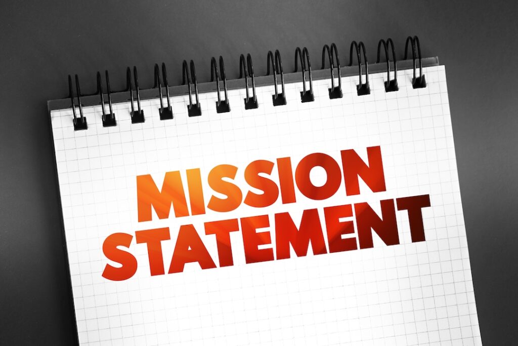 Visual representation of team values and mission in a closed binder.