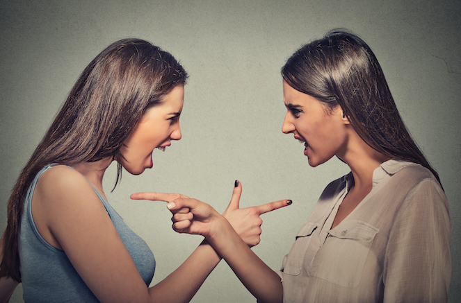 Two angry women pointing fingers at each other.