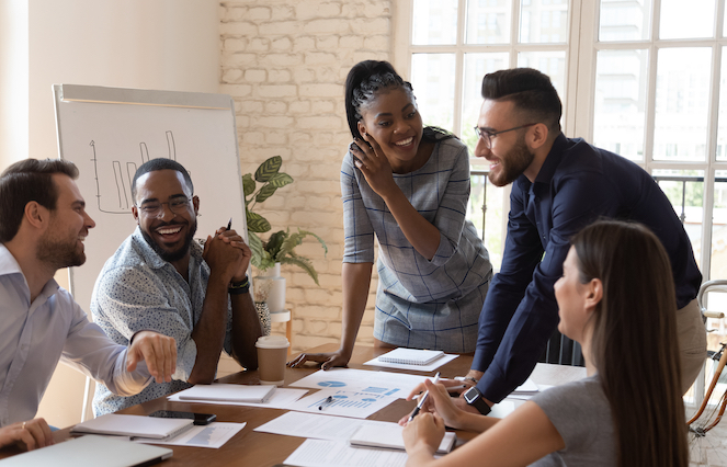 Group of employees working together and getting along with each other. 