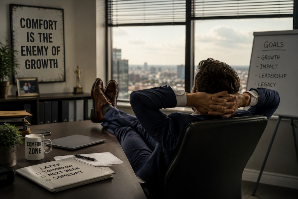 A leader sitting at his desk with his feet on the desk and hands behind his head like he has arrived.  