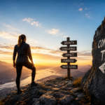 Woman on a mountain top standing in front of a sign with choices to avoid comfort trap.