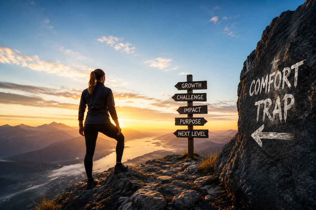 Woman on a mountain top standing in front of a sign with choices to avoid comfort trap.
