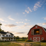 Large red barn with an open hayloft next to a large white farmhouse.