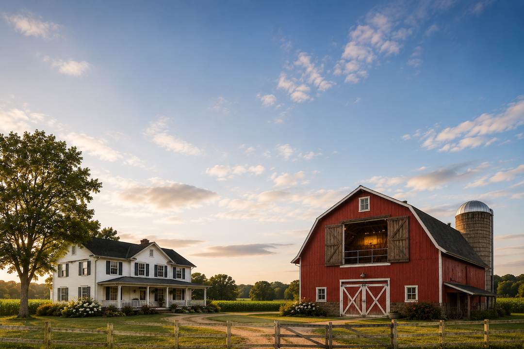 Large red barn with an open hayloft next to a large white farmhouse.