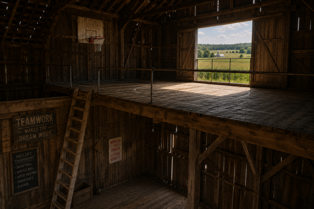 Rustic barn hayloft witha ladder to climb and a view to see out the barn window.