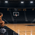 Woman sitting on the bench in an empty basketball arena.