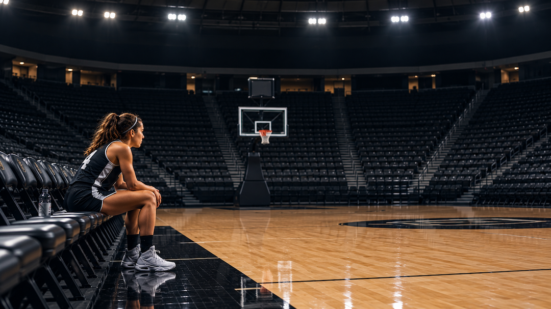 Woman sitting on the bench in an empty basketball arena.