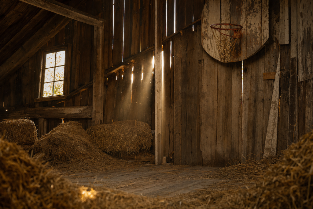 Hot looking hayloft with lots of hay and dust and one basketball hoop on the wall. 