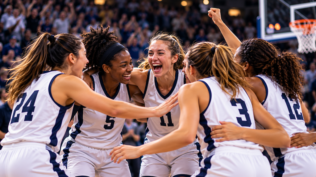 Basketball team celebrating on the court in a huddle. 