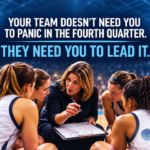 Coach in a huddle with her team describing a play in a timeout.