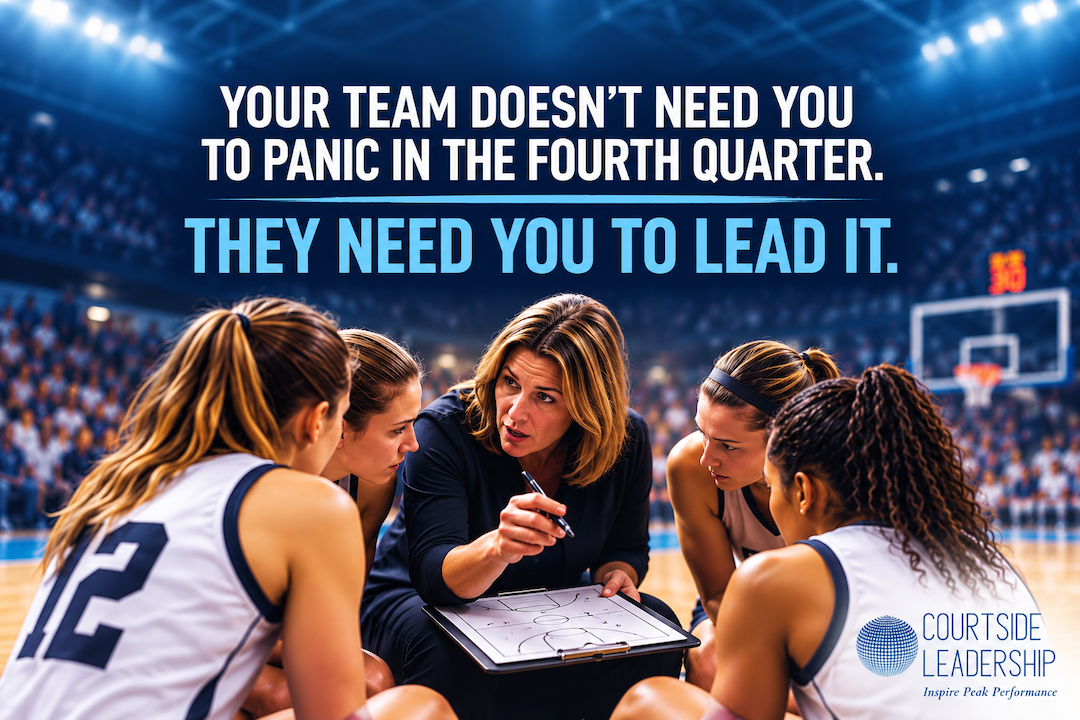 Coach in a huddle with her team describing a play in a timeout.
