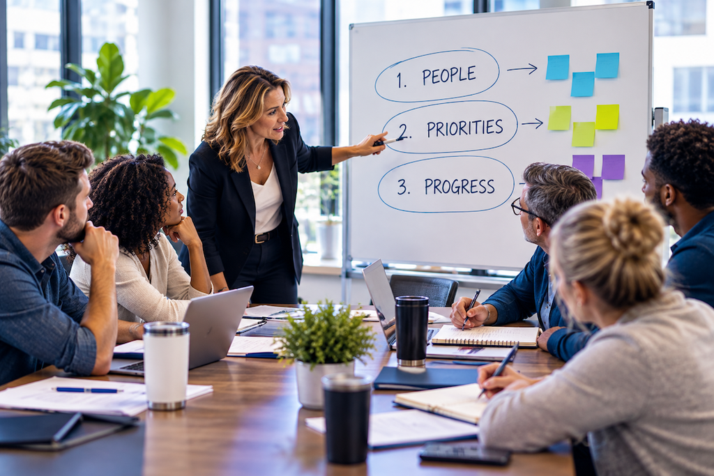 A leader engaging with her team looking at a board with 3 points: people, priorities, and progress.