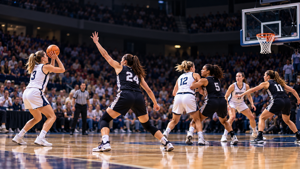 Player taking an open shot while rebounders wait under the basket.